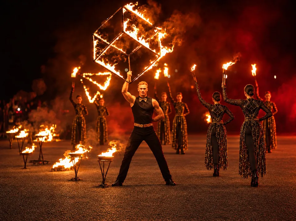 A fire performer raises a blazing cube, surrounded by dancers with burning torches and fire bowls in red smoke
