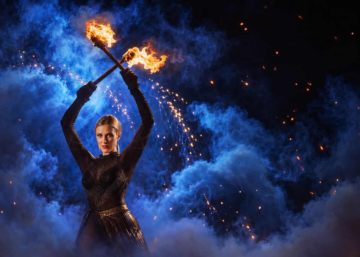 A fire performer raises a staff burning at both ends against blue smoke