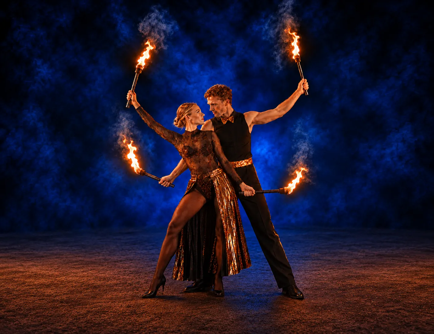 A pair of fire dancers holding four burning torches in the dark